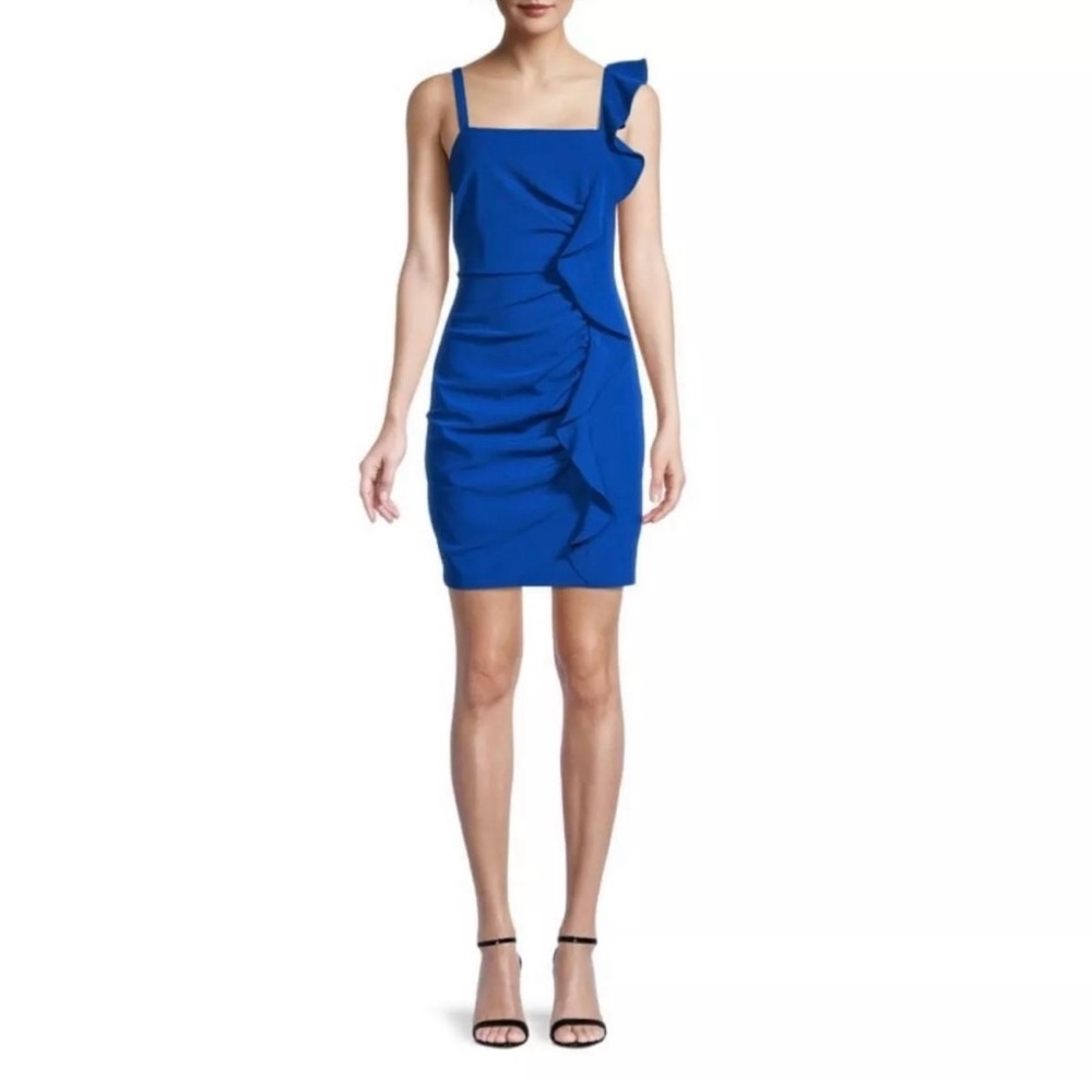 Guess Ruffle Ruched Square Neck Mini Dress Sz 6 Bodycon Party Wedding Guest